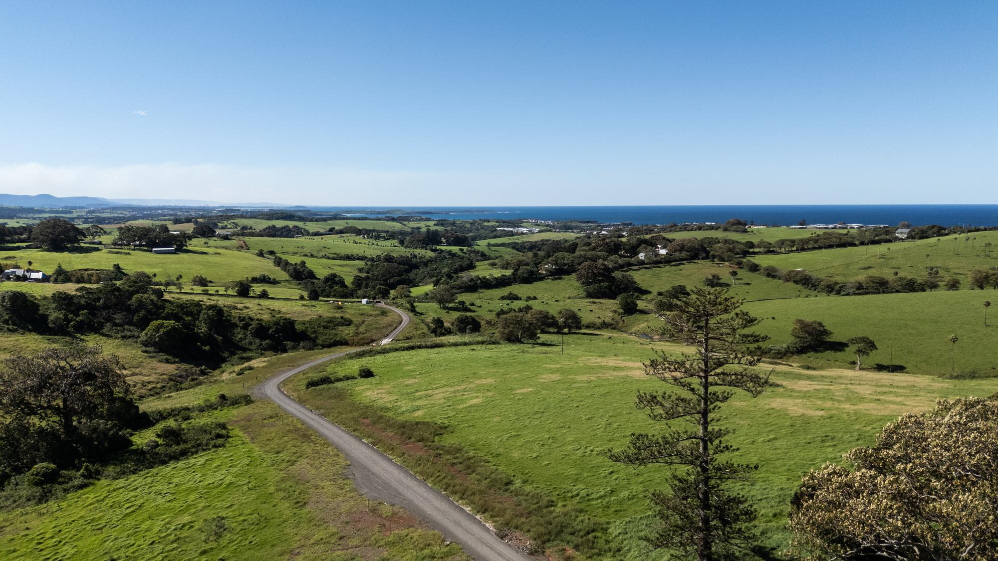 drone shot — paddocks rolling toward the Tasman
